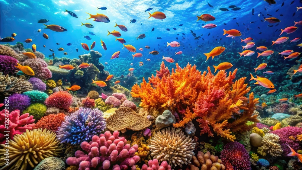 Naklejka premium Schools of small fish dart through a coral reef teeming with life and colorful seaweed, ocean currents, ocean life, marine biology