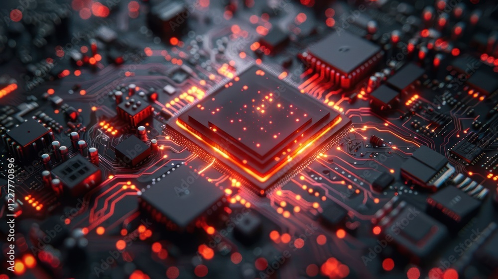Close-up view of a glowing microchip on a circuit board, showcasing intricate details and connections Close-up view of a glowing microchip on a circuit board, showcasing intricate details and connections