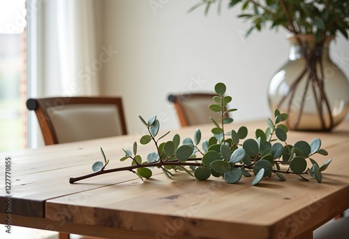 Eucalyptus branch on wooden table, minimalist Scandinavian style, soft neutral tones, holiday season, natural light, calming, serene, elegant, simple, organic, Christmas decor, hygge feeling.
 photo