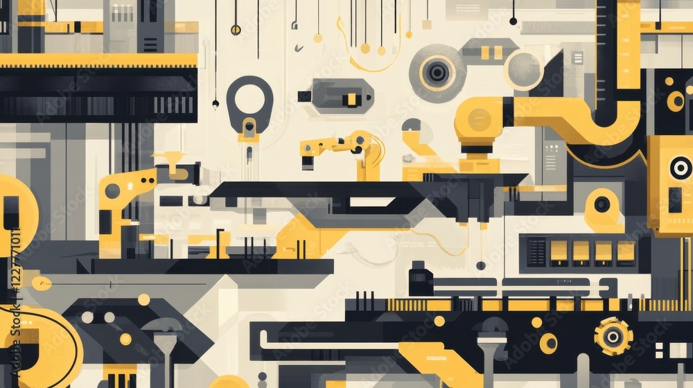 Illustration that represents the concept of Robotic Process Automation in golden yellow and steel gray colors Illustration that represents the concept of Robotic Process Automation in golden yellow and steel gray colors
