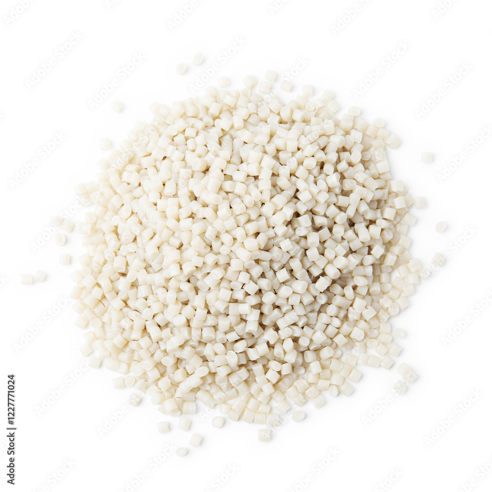 Pile of plastic granules isolated on white, top view Pile of plastic granules isolated on white, top view