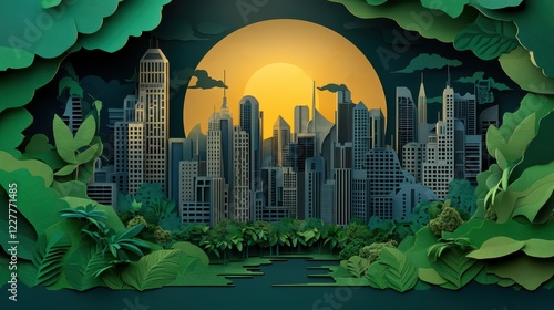 Artistic Representation of a Futuristic City with Lush Greenery Surrounded by a Vibrant Yellow Sun and Abstract Plant Life in a Unique Style