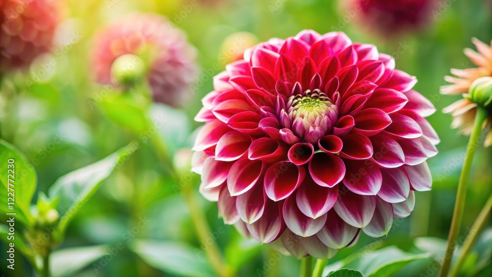 Elegant dahlia flower amidst lush green foliage, showcasing vibrant ruby and ivory blossoms in harmony with nature, dahlia Elegant dahlia flower amidst lush green foliage, showcasing vibrant ruby and ivory blossoms in harmony with nature, dahlia