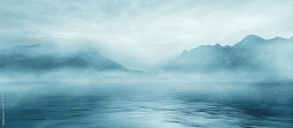 Fototapeta premium Misty River Landscape with Foggy Mountains and Serene Water Reflecting a Tranquil Atmosphere for Creative Projects and Text Space