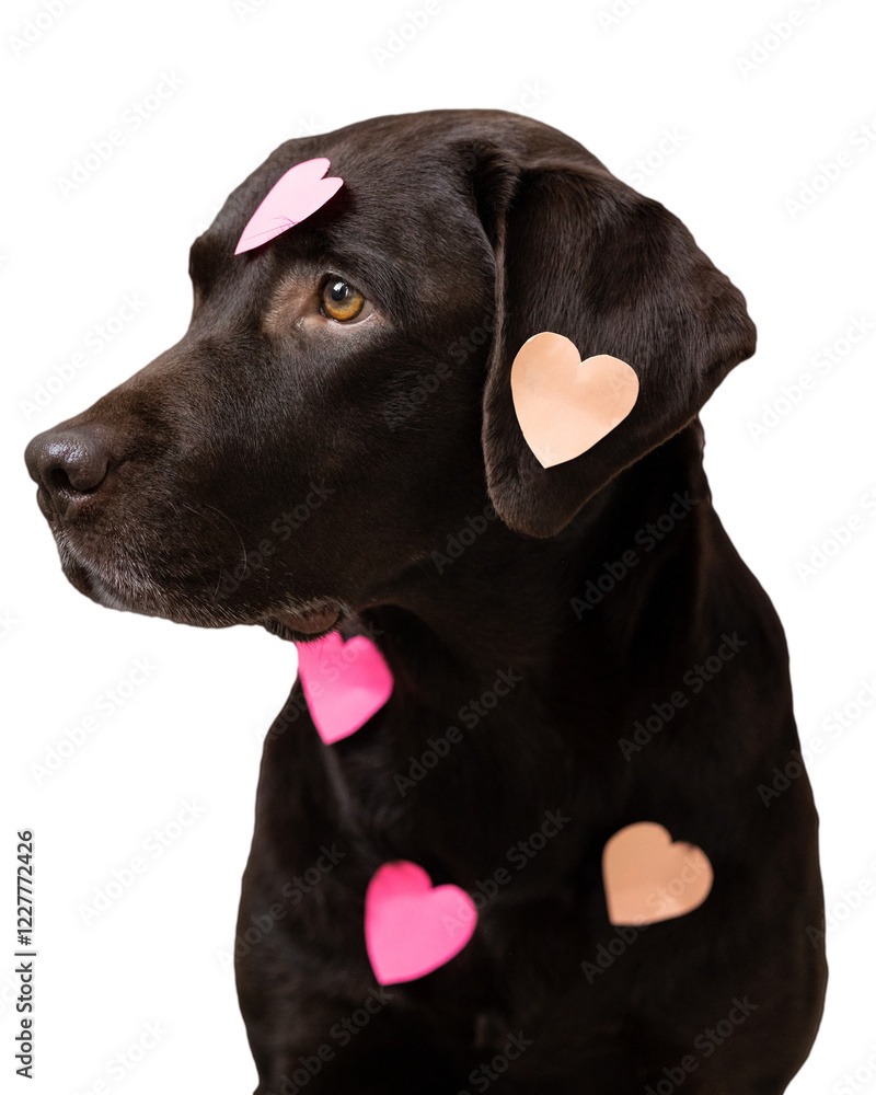 Labrador dog with pink sticker hearts. valentine's day. greeting cards for day of love. pet on a transparent background, place for text Labrador dog with pink sticker hearts. valentine's day. greeting cards for day of love. pet on a transparent background, place for text
