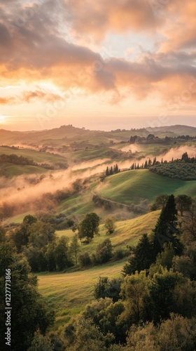 Breathtaking sunrise overrolling hills tuscany landscape serene environment aerial view nature's beauty