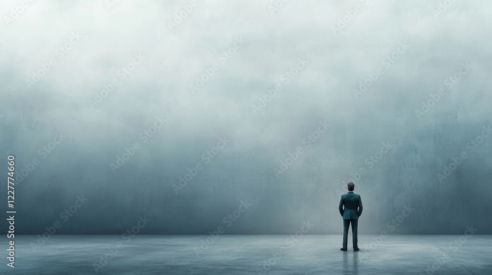 Man in suit standing alone, contemplating in vast, empty space Man in suit standing alone, contemplating in vast, empty space