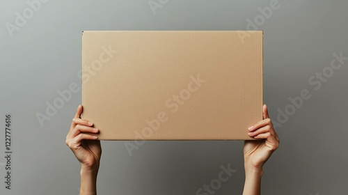 A blank, rectangular cardboard sign is held up by neutral hands against a plain background, implying the possibility of an advertisement, message, or creative expression photo