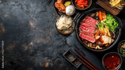 Sukiyaki Beef Dish on Black Stone Table with Vegetables and Noodles Japanese Cuisine Gourmet Meal Copy Space for Text photo