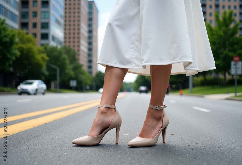 Stylish model in white dress, low heeled shoes, city street. Feet close-up, high-rise buildings, urban fashion, chic look, perfect for advertising.
Stylish model in white dress, low heeled shoes, city street. Feet close-up, high-rise buildings, urban fashion, chic look, perfect for advertising.