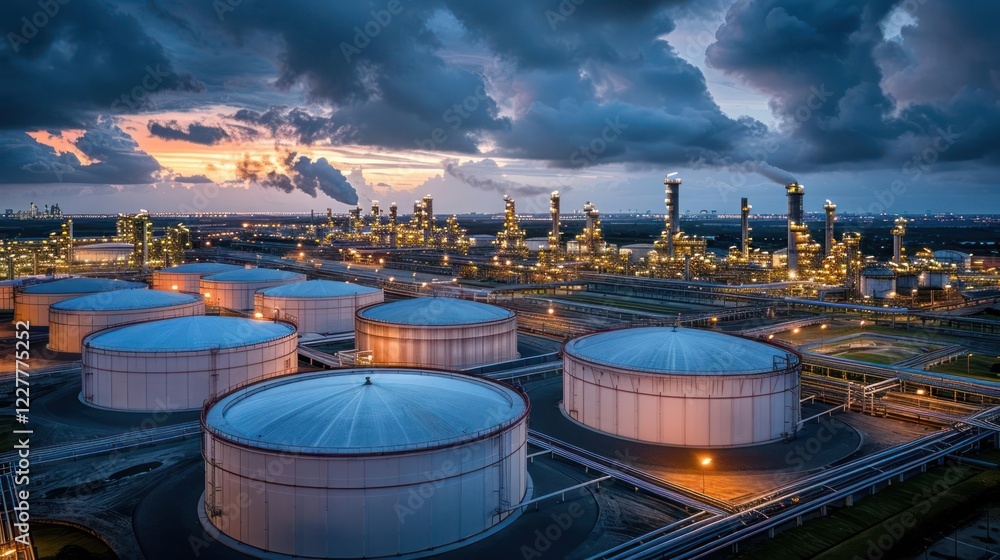 Naklejka premium Aerial view of an industrial facility with large storage tanks at sunset, showcasing operations