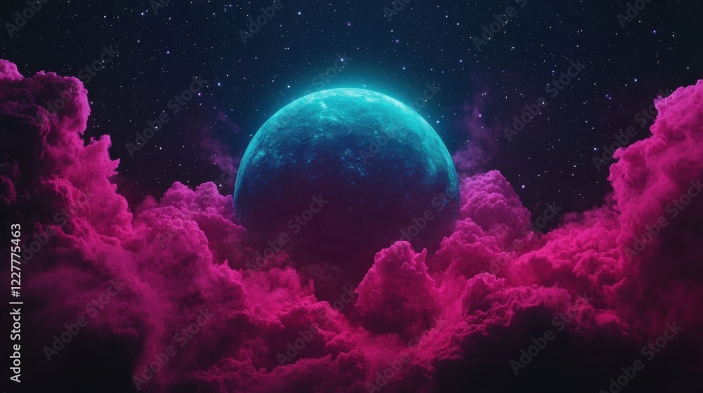 Obraz premium A vibrant, cosmic scene featuring a glowing blue planet surrounded by pink clouds against a starry backdrop.