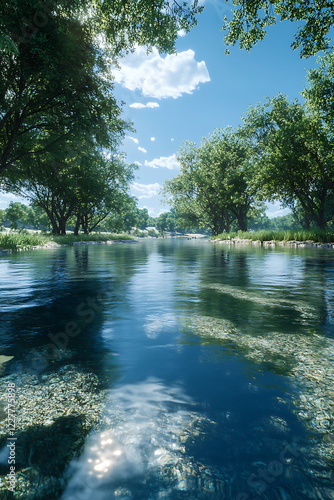 A clear river with trees and a blue sky in the background