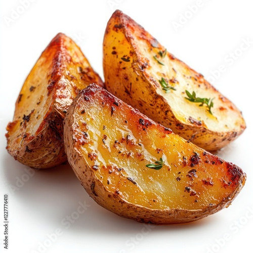 a deliciously roasted potato wedge, showcasing its golden, crispy exterior and fluffy interior photo