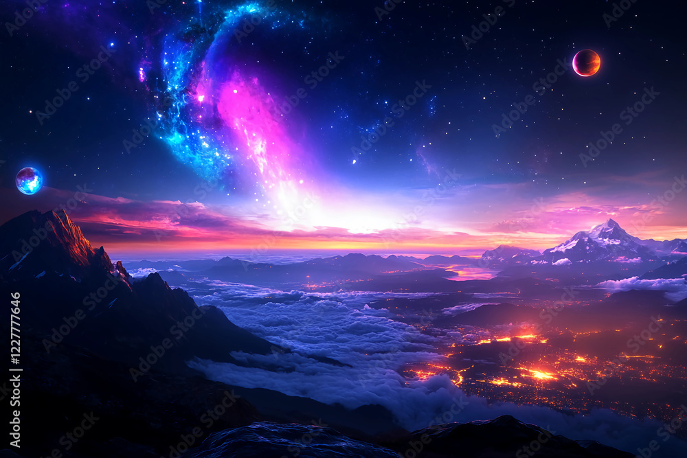 Naklejka premium Cosmic Peaks: Majestic Mountains Pierce Starry Expanse, Illuminated by Alien Moons and Planets Amidst Nebulae and Celestial Clouds