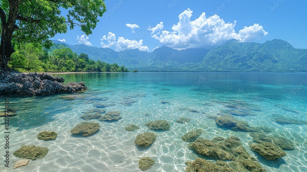 Fototapeta premium Tropical Shoreline with Clear Water and Distant Mountains on Sunny Day Landscape