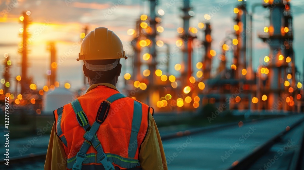 Worker in safety gear observes an industrial site at sunset, showcasing vibrant lights and structures Worker in safety gear observes an industrial site at sunset, showcasing vibrant lights and structures