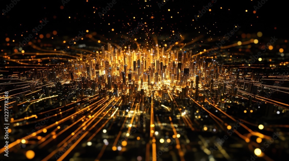 Naklejka premium Golden light trails are connecting buildings in a futuristic smart city at night, showcasing the concept of data flow and interconnectedness in urban development