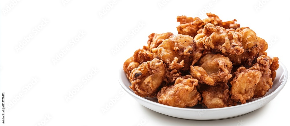 Food festival background featuring a plate of deep fried mushrooms on white with ample copy space for promotional text or branding. Food festival background featuring a plate of deep fried mushrooms on white with ample copy space for promotional text or branding.