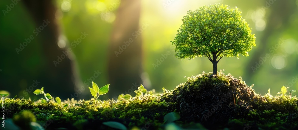 Sustainable Growth Concept with Lush Green Tree on Mossy Ground and Soft Sunlight in Natural Environment for Eco-Friendly Background Sustainable Growth Concept with Lush Green Tree on Mossy Ground and Soft Sunlight in Natural Environment for Eco-Friendly Background