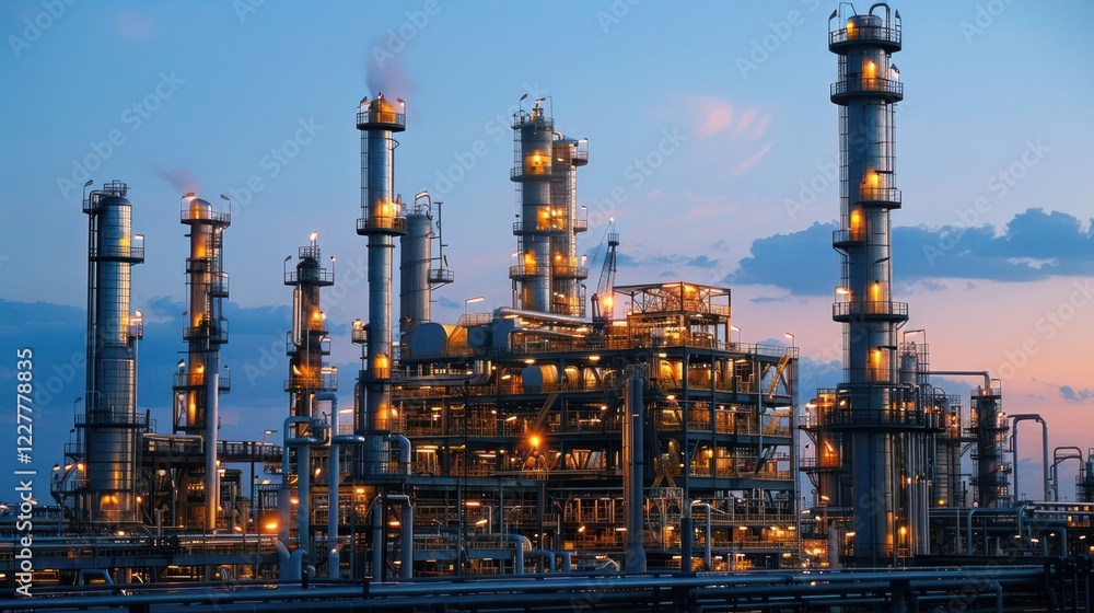 Fototapeta premium Industrial complex illuminated at dusk, showcasing towering structures against a twilight sky