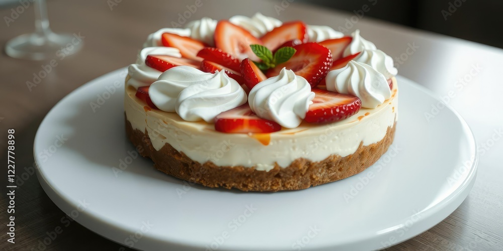 Round berry cheesecake with sliced strawberries and whipped cream on top, creamy filling, round berry cheesecake, fresh strawberries Round berry cheesecake with sliced strawberries and whipped cream on top, creamy filling, round berry cheesecake, fresh strawberries