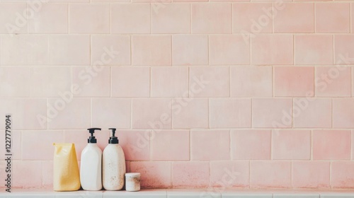 Pink tile wall background with three bottles and a pouch of toiletries.