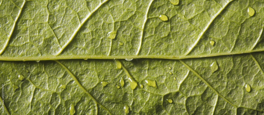 Close up of green leaf texture with raindrops and blank space for text showcasing nature's beauty and freshness.