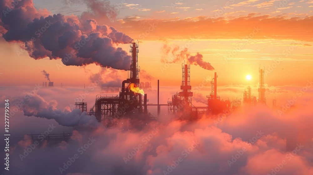 Industrial skyline at sunset with smokestacks emitting clouds against a vibrant sky Industrial skyline at sunset with smokestacks emitting clouds against a vibrant sky