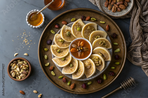 traditional Ramadan sweets like baklava kunafa qatayef top view photo