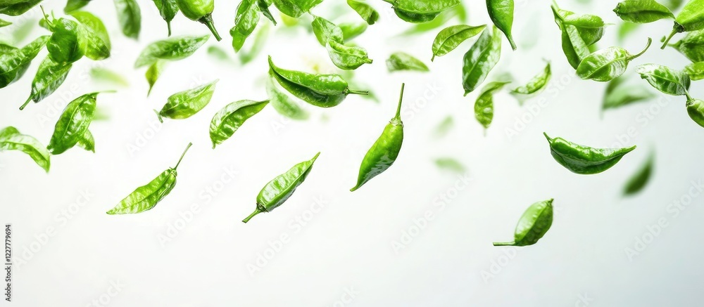 Falling Green Leaves on Bright White Background Symbolizing Freshness with Empty Space for Text or Branding Falling Green Leaves on Bright White Background Symbolizing Freshness with Empty Space for Text or Branding