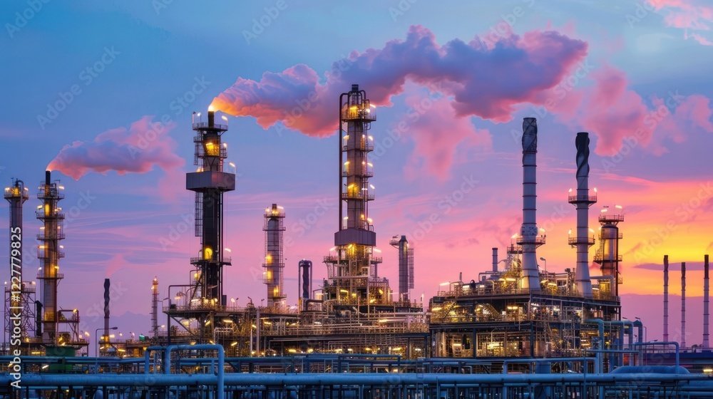 Fototapeta premium Industrial complex at sunset with smokestacks emitting vapor against a colorful sky