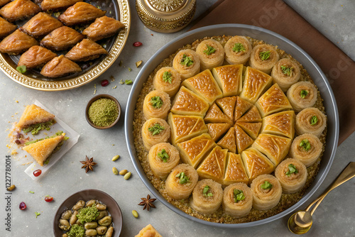 traditional Ramadan sweets like baklava kunafa qatayef top view photo