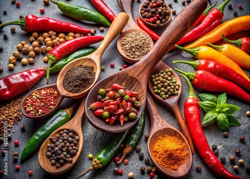 Colorful World Peppers & Spices in Wooden Spoons - High-Resolution Stock Photo photo