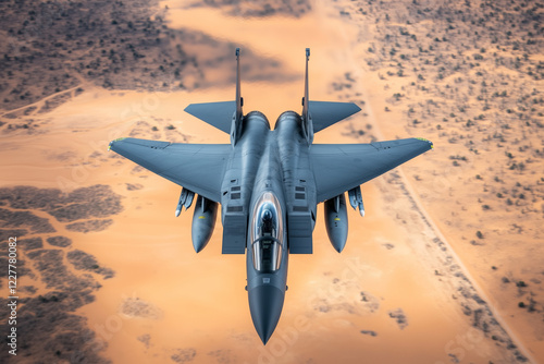 Aerial view military aircraft in war, Selective focus flying high speed military jet on desert. photo