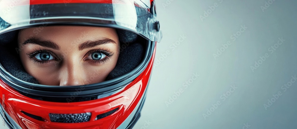 Female Race Car Driver in Red Helmet Close-Up with Focused Expression and Blank Space for Custom Text or Branding Female Race Car Driver in Red Helmet Close-Up with Focused Expression and Blank Space for Custom Text or Branding