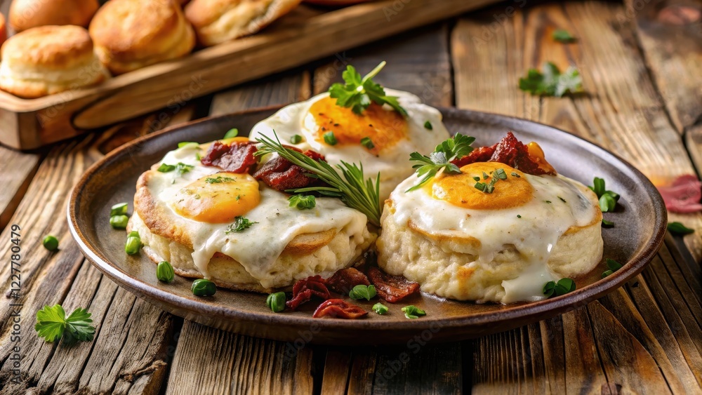 Biscuits and gravy on a rustic plate served with a side of crispy bacon, golden brown eggs, and fresh herbs, plate, rich Biscuits and gravy on a rustic plate served with a side of crispy bacon, golden brown eggs, and fresh herbs, plate, rich