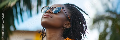 A thoughtful woman basking in the sun, embracing nature's beauty and her own reflection. photo