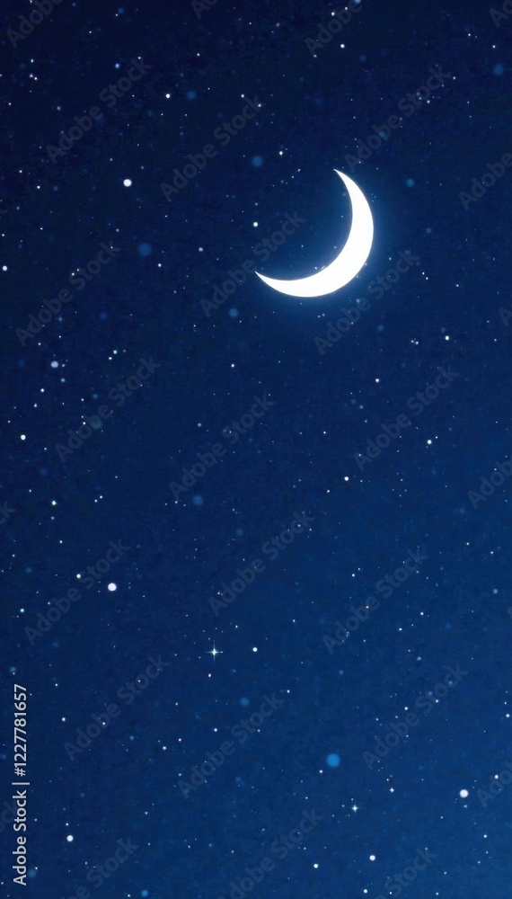 Dark blue background with scattered stars and a crescent moon shape , celestial, night, moon Dark blue background with scattered stars and a crescent moon shape , celestial, night, moon