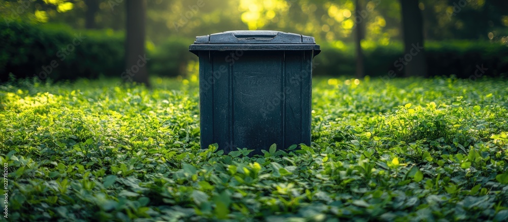 Fototapeta premium Gray dumpster covered in foliage amidst lush greenery creating an empty space for text and conveying environmental themes of waste management.