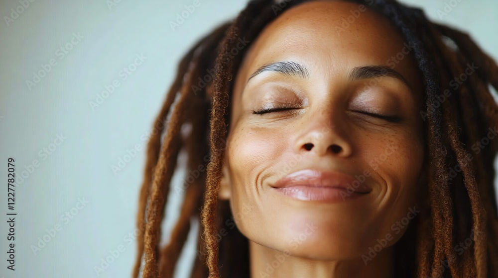 A serene, close-up portrait of a mature woman with dreadlocks, evoking introspection and tranquility, ideal for wellness themes, mindfulness events, and beauty campaigns. A serene, close-up portrait of a mature woman with dreadlocks, evoking introspection and tranquility, ideal for wellness themes, mindfulness events, and beauty campaigns.