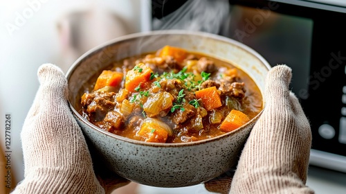 Microwave food heating concept. A steaming bowl of reheated stew held by gloved hands in front of an open microwave, modern kitchen decor, comfort food