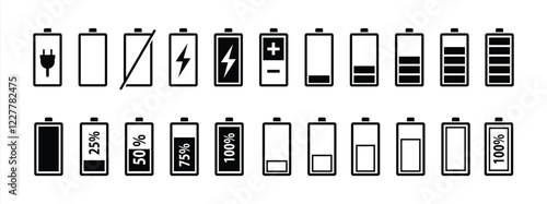 Battery icons vector set. Battery charge indicator or level full, low, percent, plug-in, empty, charging battery energy silhouette icon.