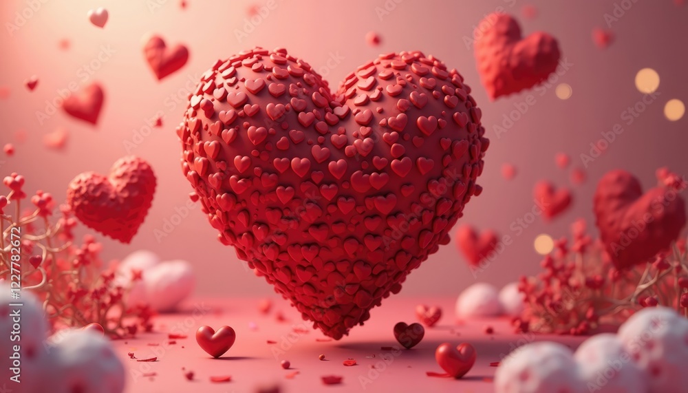 a large red heart-shaped object surrounded by smaller red hearts, all set against a pink background with floating hearts. a large red heart-shaped object surrounded by smaller red hearts, all set against a pink background with floating hearts.