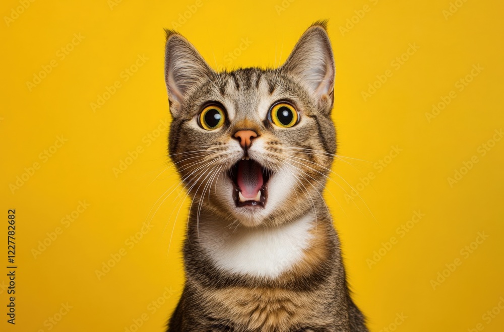 Surprised cat with wide eyes and open mouth against a yellow background Surprised cat with wide eyes and open mouth against a yellow background
