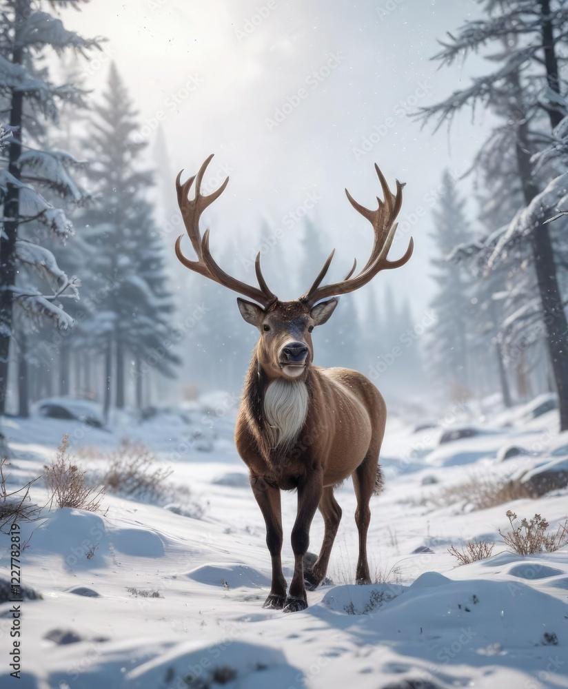 Reindeer and snowflakes falling in a winter landscape, cold weather effects, snowflakes falling, reindeer flying Reindeer and snowflakes falling in a winter landscape, cold weather effects, snowflakes falling, reindeer flying