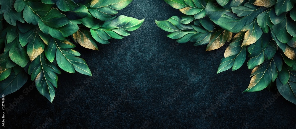 Leafy Green Wings Design with Golden Accents and Dark Background for Text Placement and Nature-Themed Graphics Leafy Green Wings Design with Golden Accents and Dark Background for Text Placement and Nature-Themed Graphics