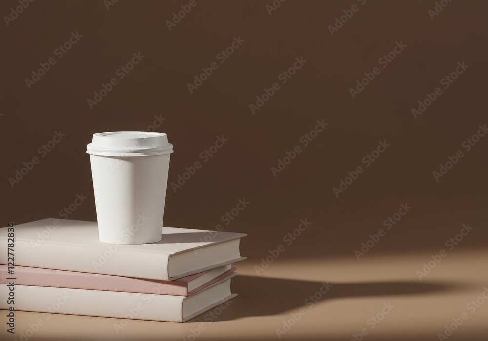 Fototapeta premium White disposable coffee cup with pastel books in minimalist still life soft lighting and warm brown background