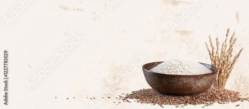 Grain pile and bowl of rice with empty space for text showcasing natural food ingredients and culinary uses in textured background photo