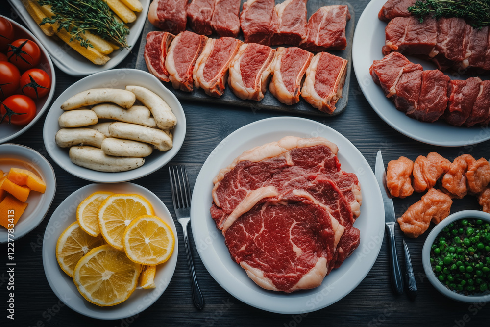 Selective focus cut raw beef in dish on wooden table, Close up shot steak sliced preparation on counter bar in kitchen, Variety of meat cut on table. Selective focus cut raw beef in dish on wooden table, Close up shot steak sliced preparation on counter bar in kitchen, Variety of meat cut on table.